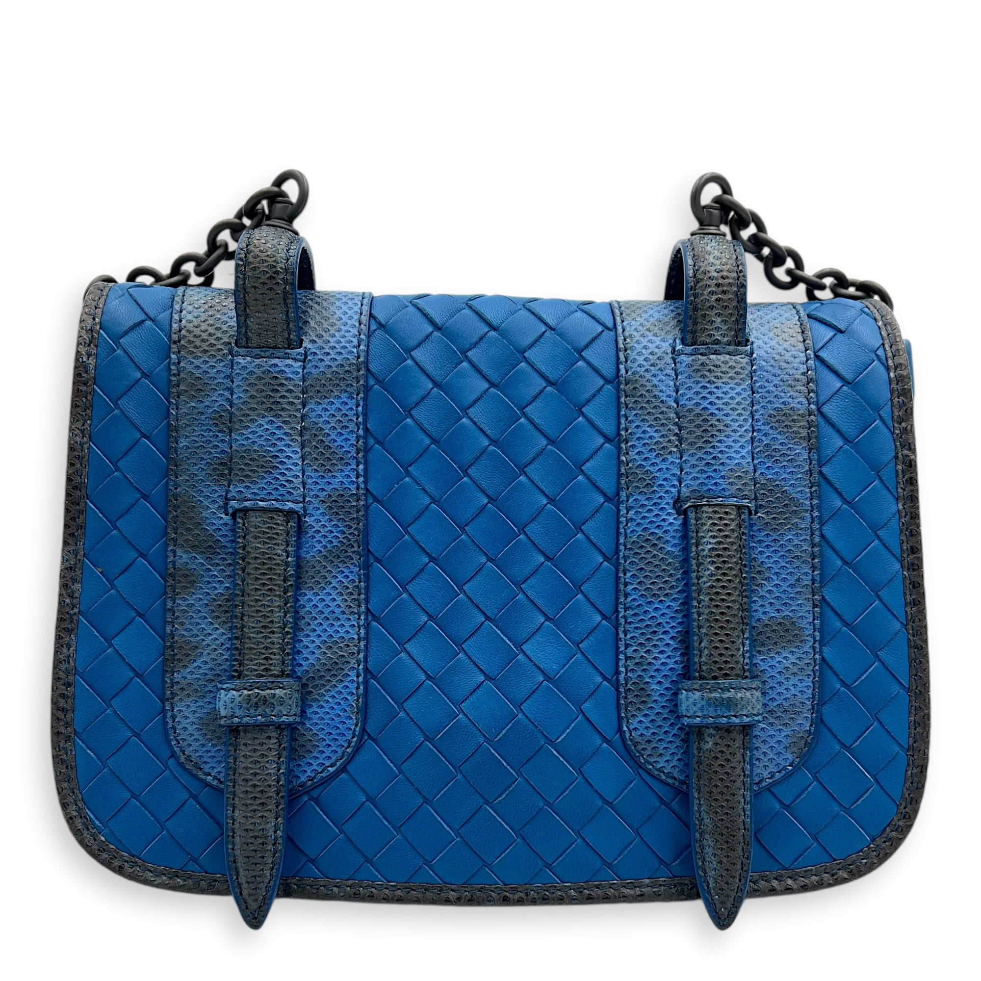 Intrecciato Blue Shoulder Bag in Lambskin and Lizard, Ruthenium hardware