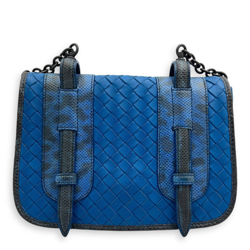 Intrecciato Blue Shoulder Bag in Lambskin and Lizard, Ruthenium hardware