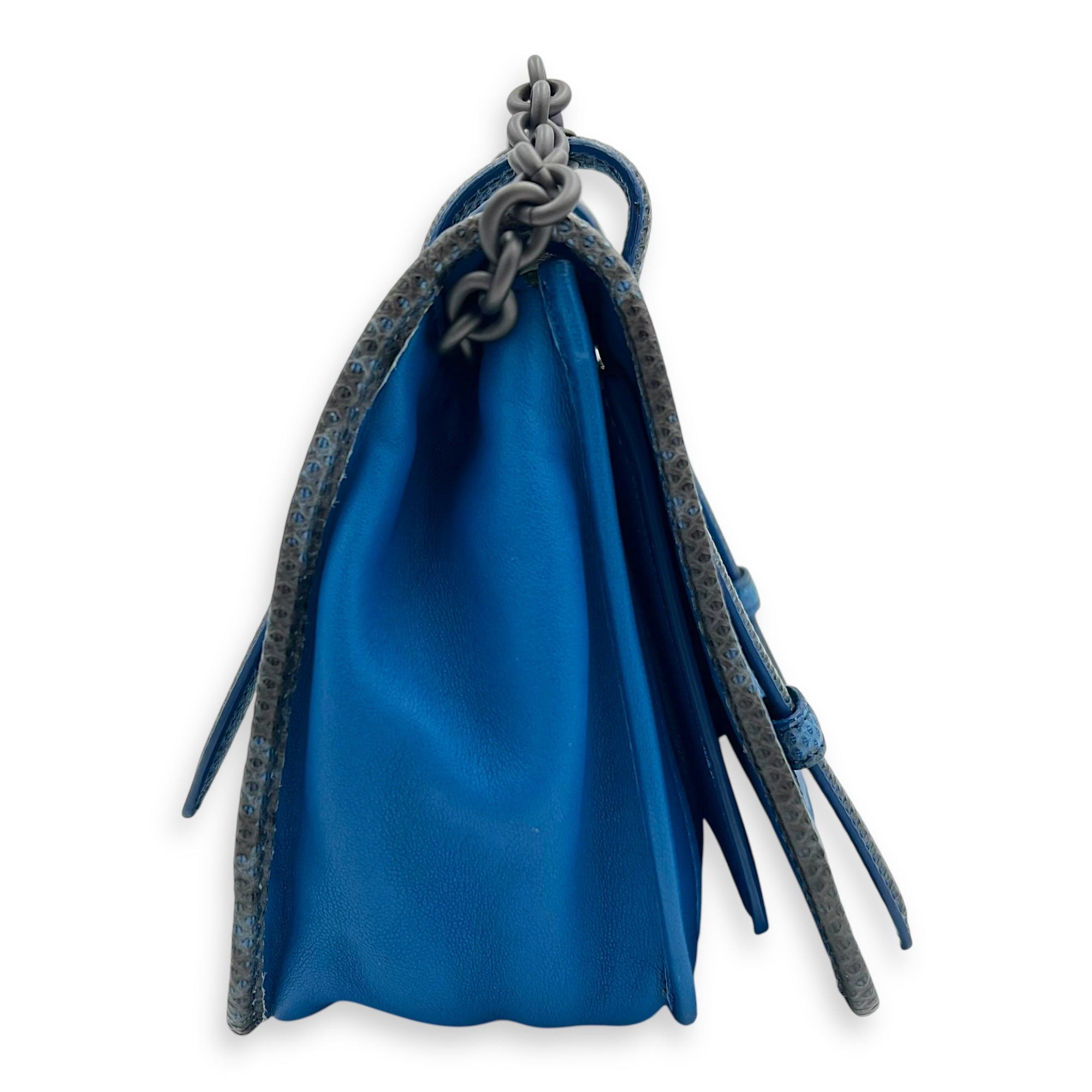 Intrecciato Blue Shoulder Bag in Lambskin and Lizard, Ruthenium hardware