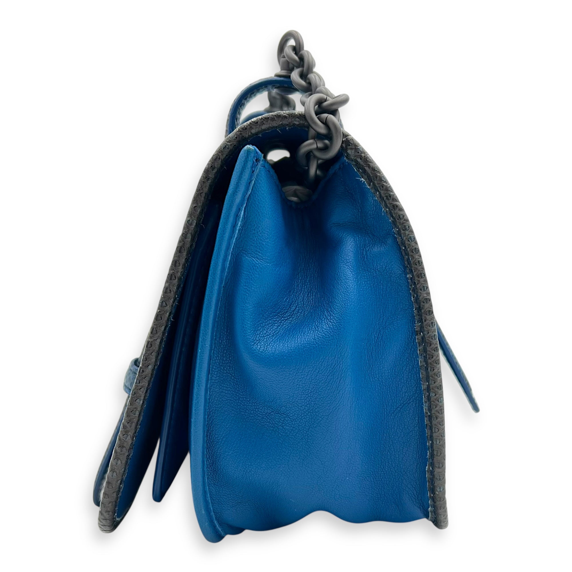 Intrecciato Blue Shoulder Bag in Lambskin and Lizard, Ruthenium hardware