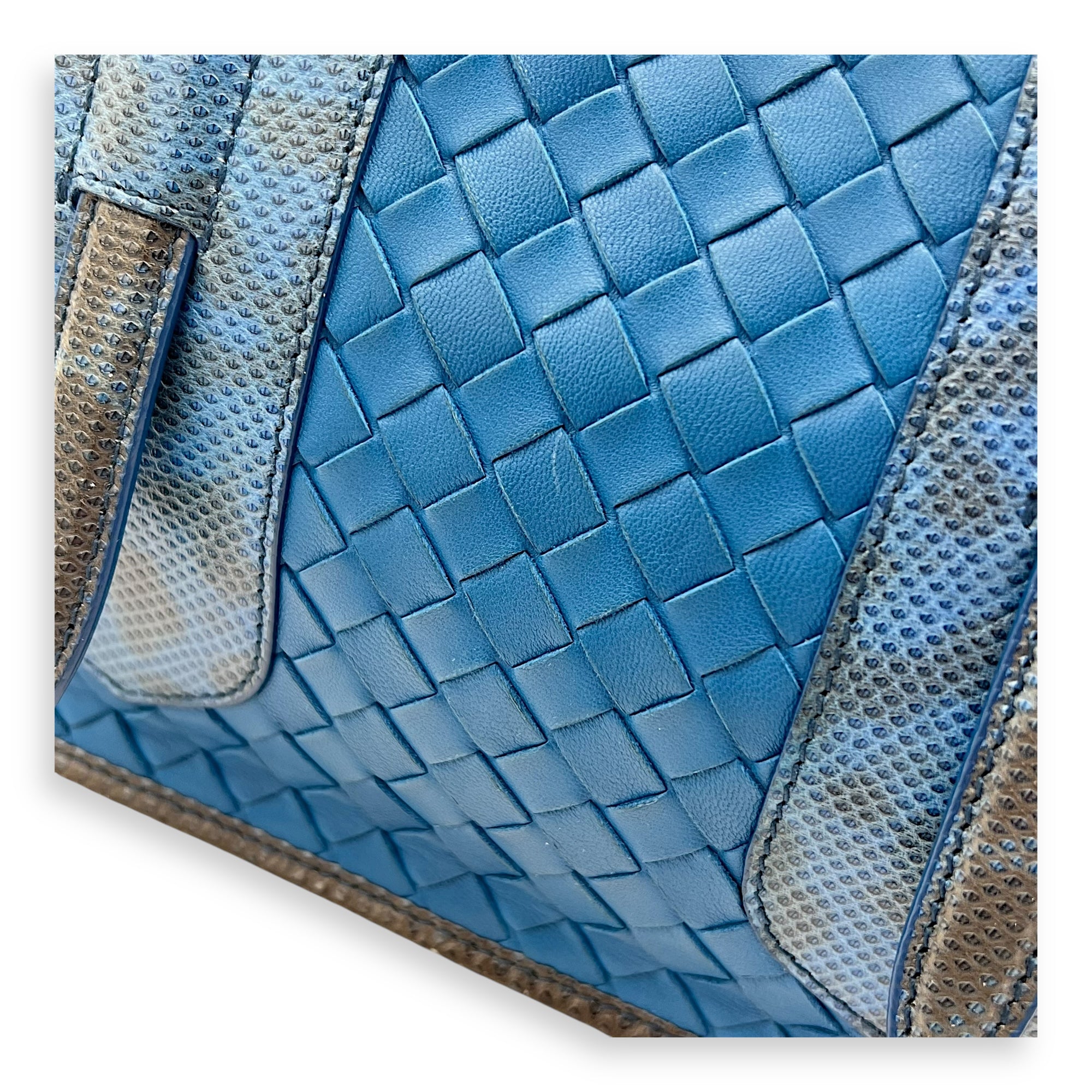 Intrecciato Blue Shoulder Bag in Lambskin and Lizard, Ruthenium hardware