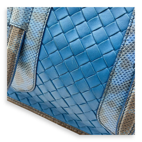 Intrecciato Blue Shoulder Bag in Lambskin and Lizard, Ruthenium hardware