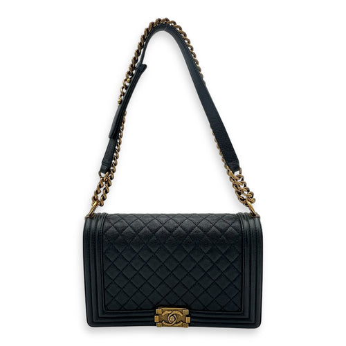 Boy Shoulder Bag Medium Blue in Caviar Leather, Gold hardware