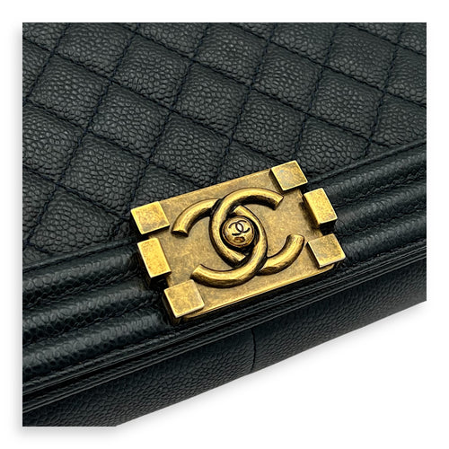 Boy Shoulder Bag Medium Blue in Caviar Leather, Gold hardware
