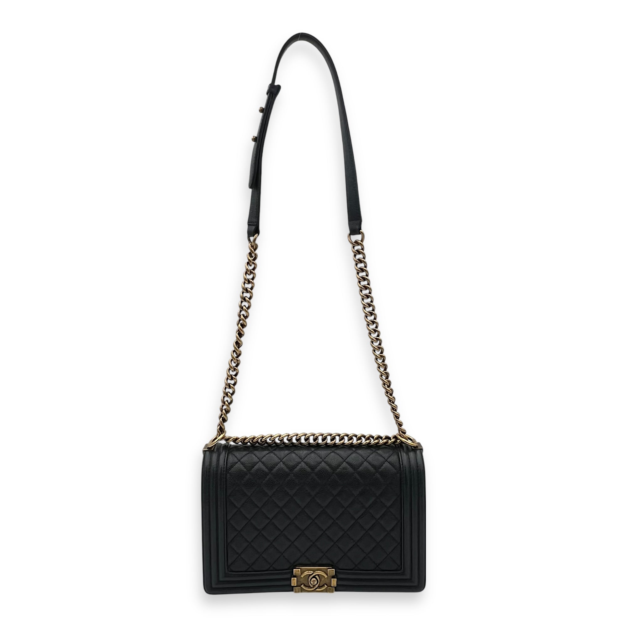Boy Shoulder Bag Medium Blue in Caviar Leather, Gold hardware
