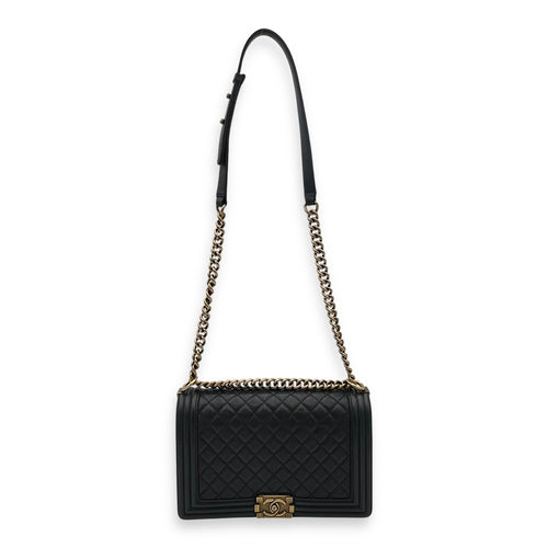 Boy Shoulder Bag Medium Blue in Caviar Leather, Gold hardware