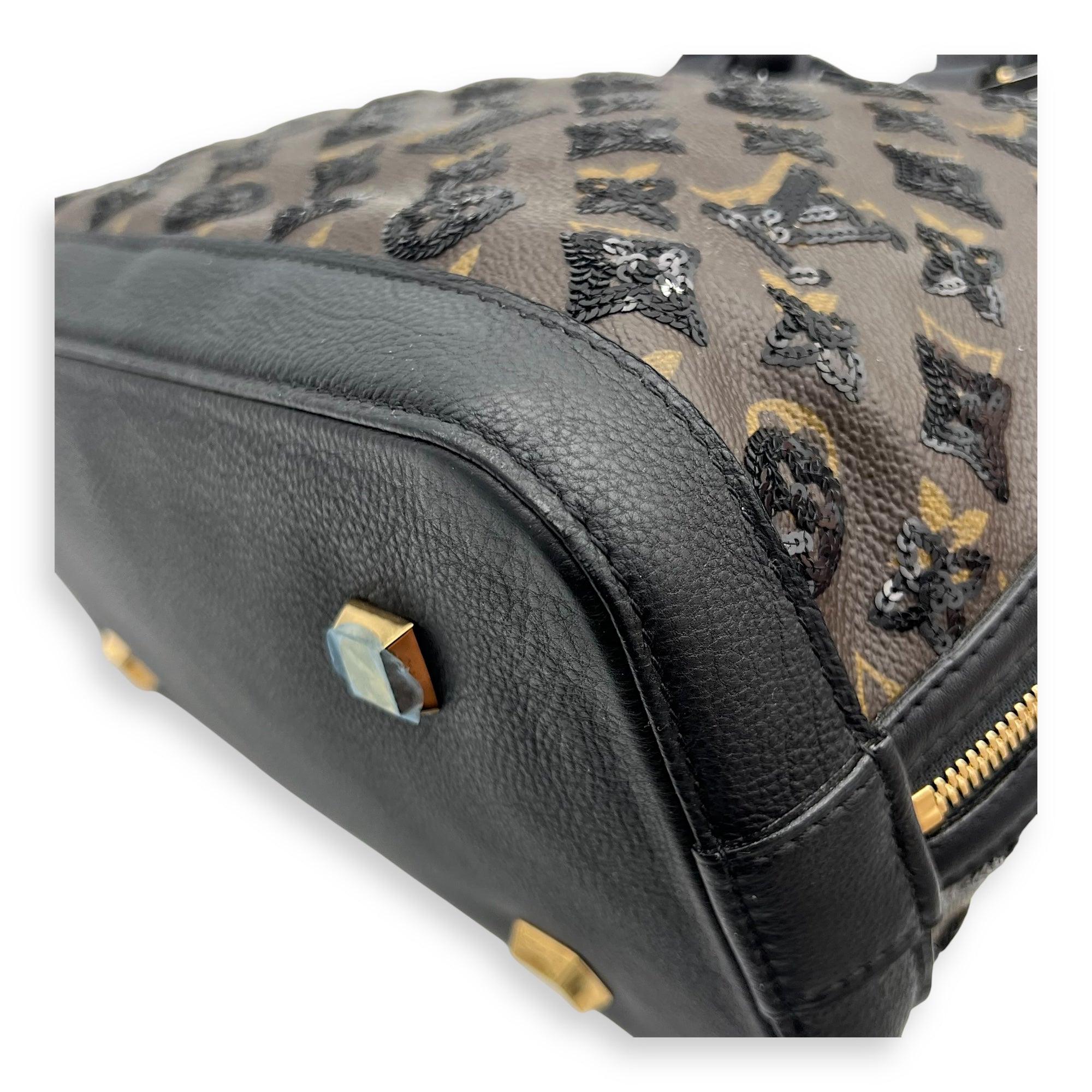 Alma Top Handle Bag Brown in Leather and sequins, Gold hardware