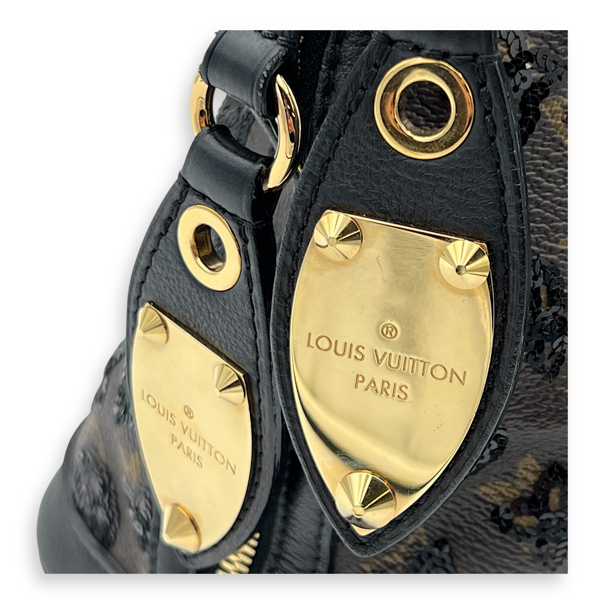 Alma Top Handle Bag Brown in Leather and sequins, Gold hardware