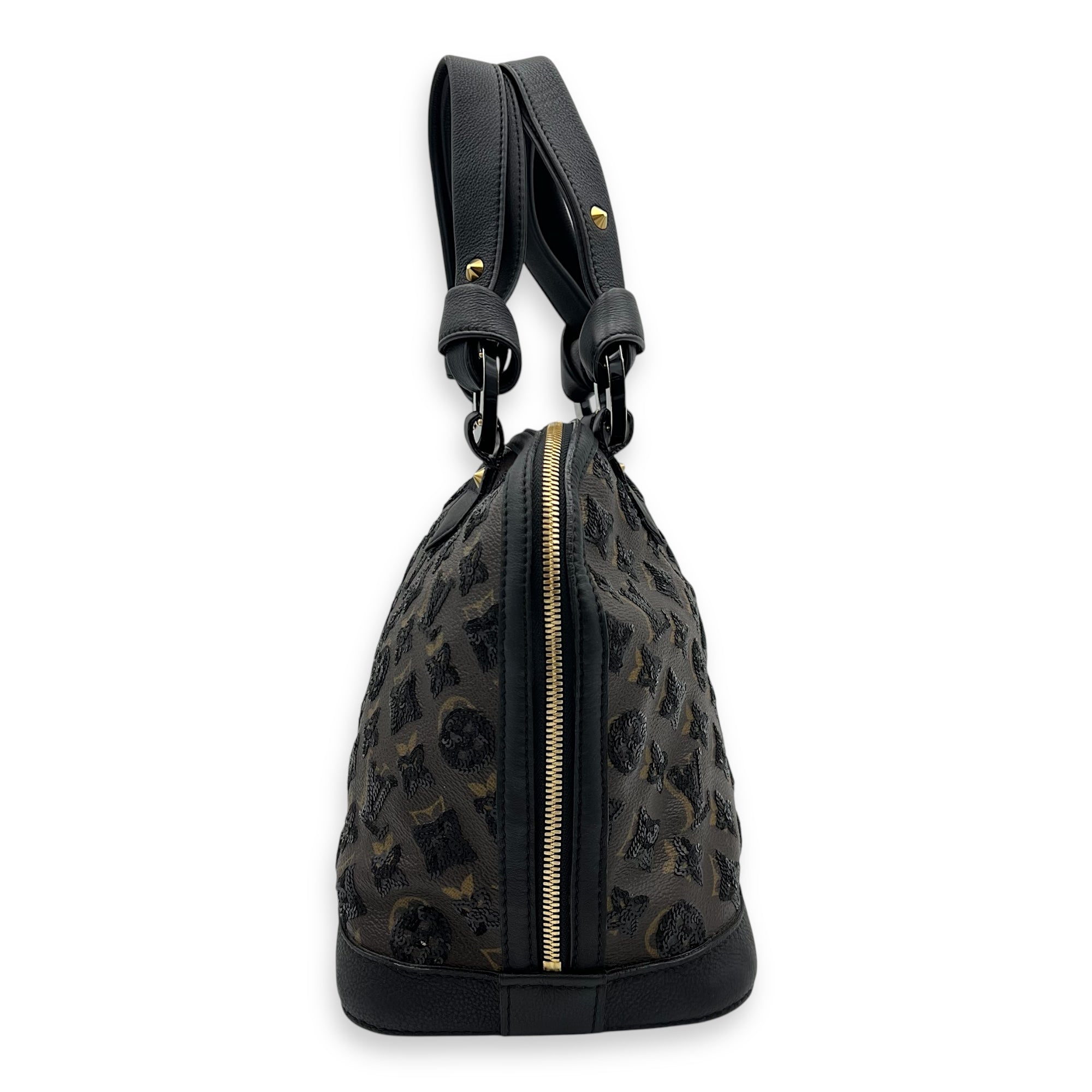 Alma Top Handle Bag Brown in Leather and sequins, Gold hardware