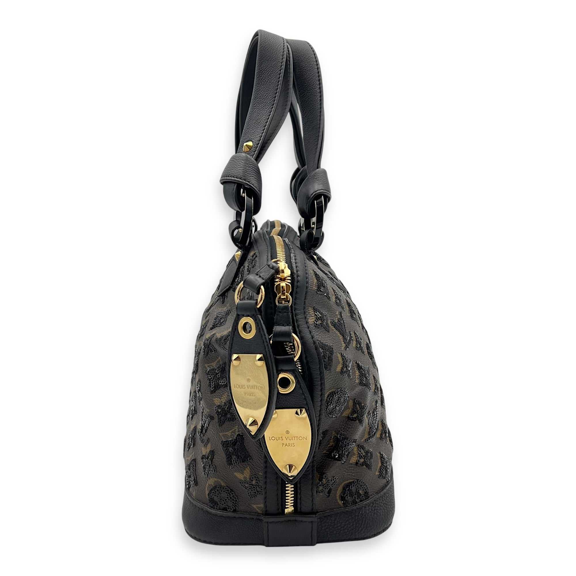 Alma Top Handle Bag Brown in Leather and sequins, Gold hardware