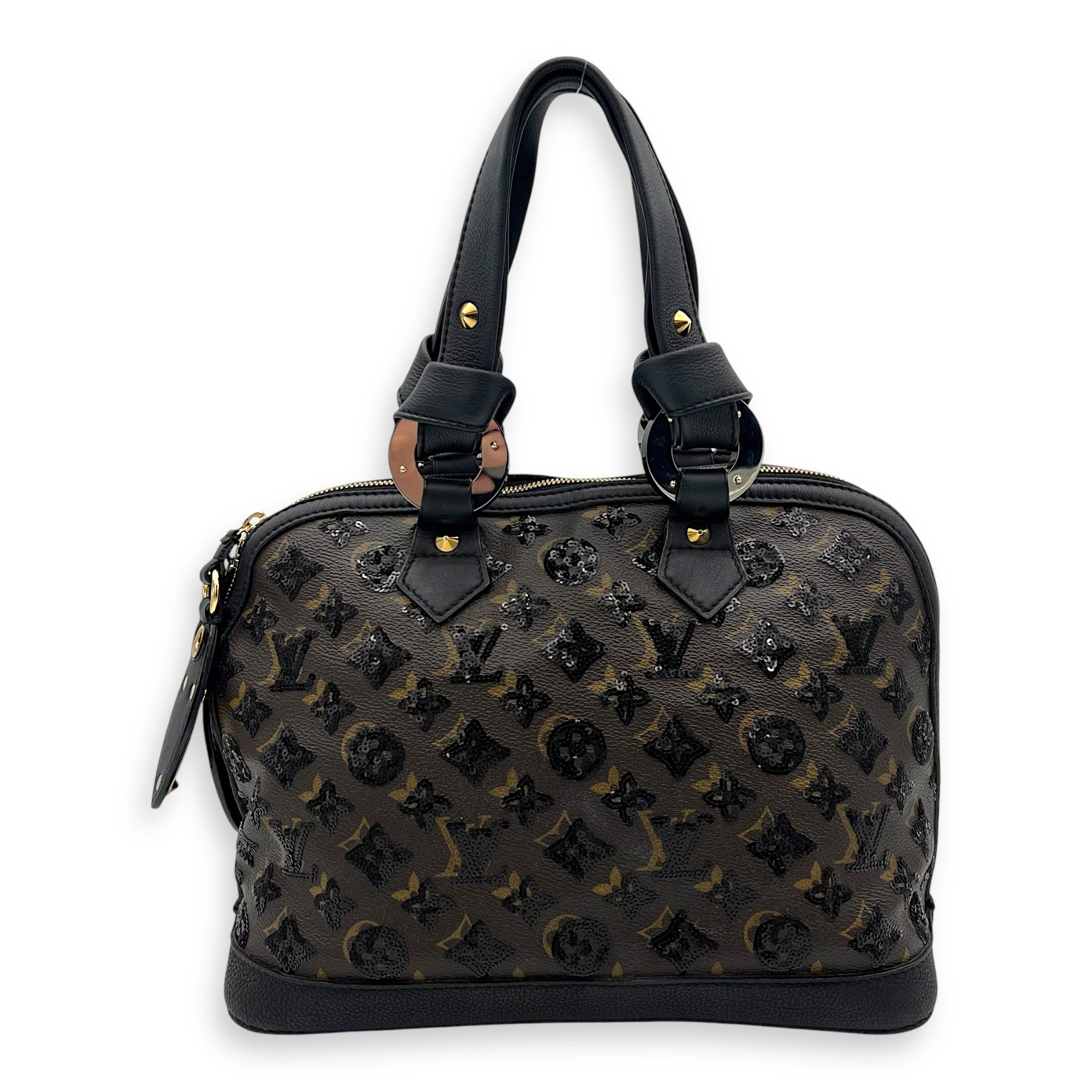 Alma Top Handle Bag Brown in Leather and sequins, Gold hardware