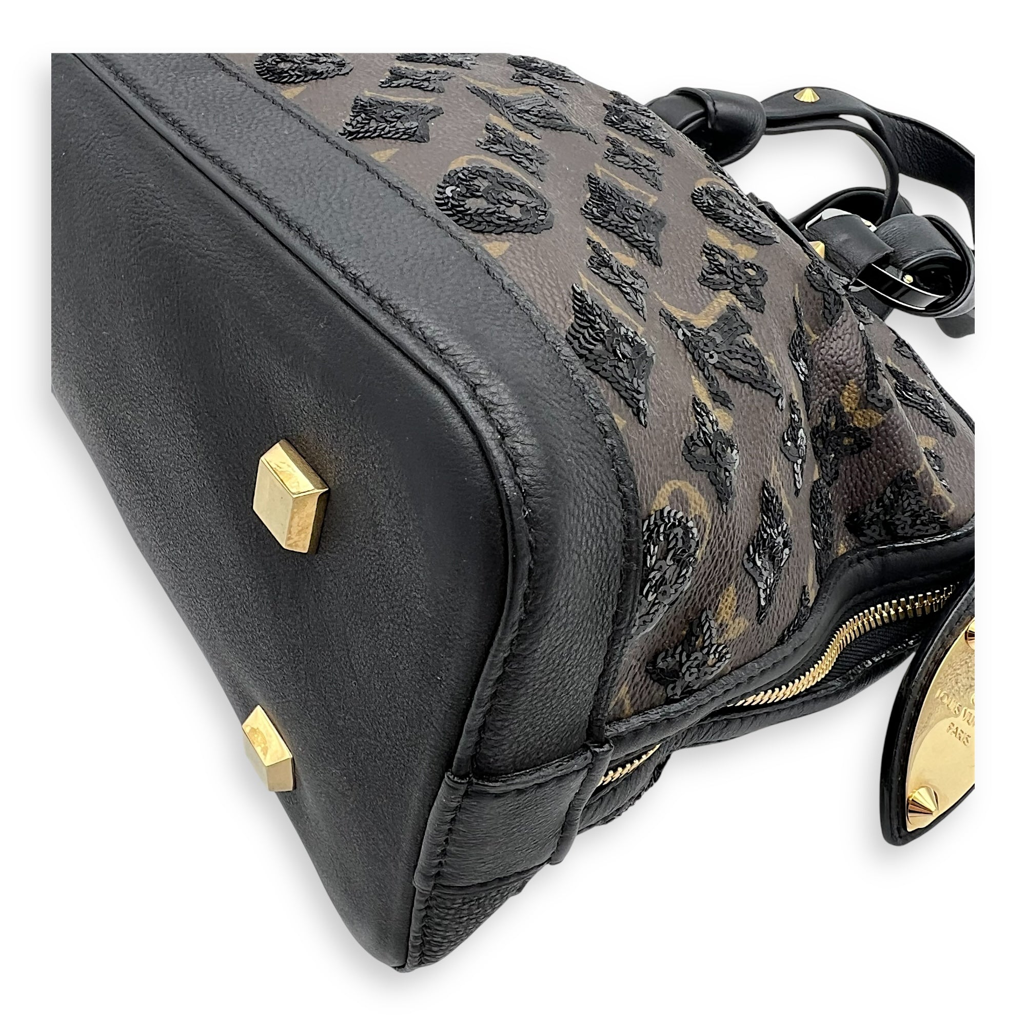 Alma Top Handle Bag Brown in Leather and sequins, Gold hardware