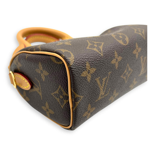 Speedy Crossbody Bag Nano Brown in Monogram Coated Canvas, Gold hardware