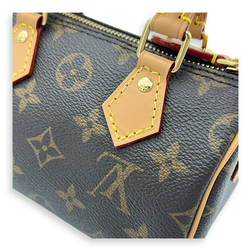 Speedy Crossbody Bag Nano Brown in Monogram Coated Canvas, Gold hardware
