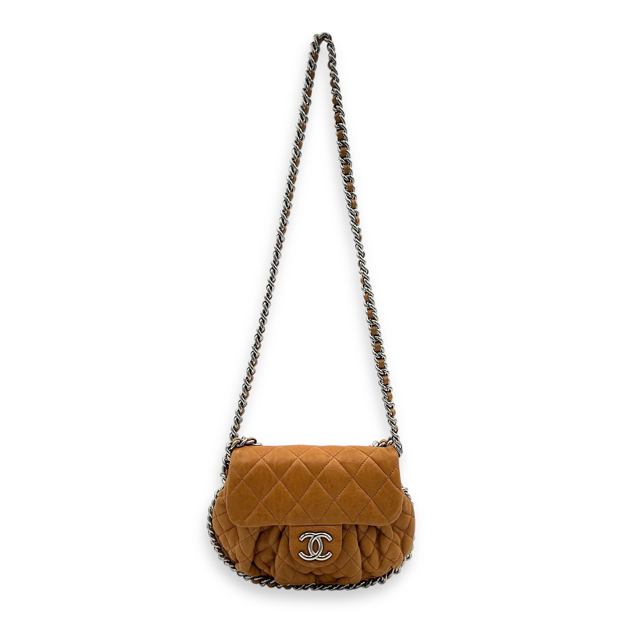 Chain Around Shoulder Bag Brown in Calfskin, Silver hardware