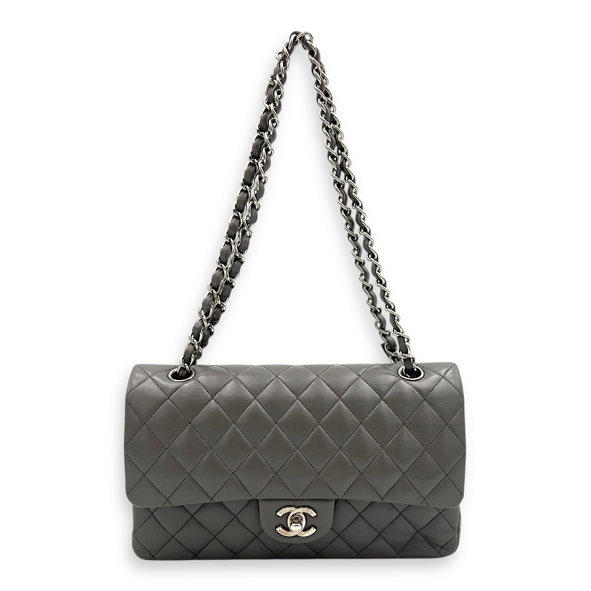 Classic Medium Grey (retouched) Shoulder Bag in Lambskin, Silver hardware