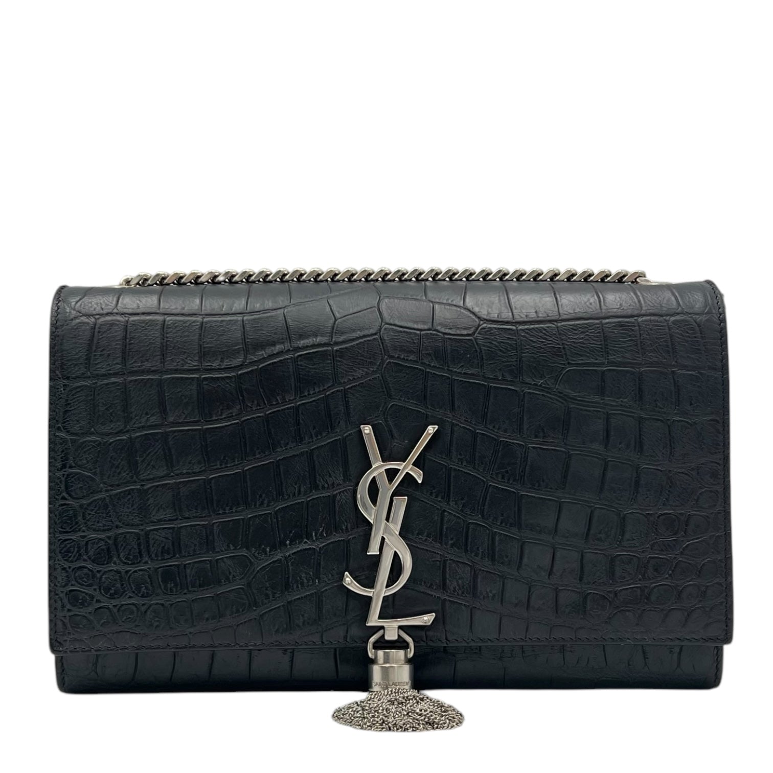 Saint Laurent Kate Crossbody Bag Black in Crocodile Embossed Calfskin, Silver hardware_1