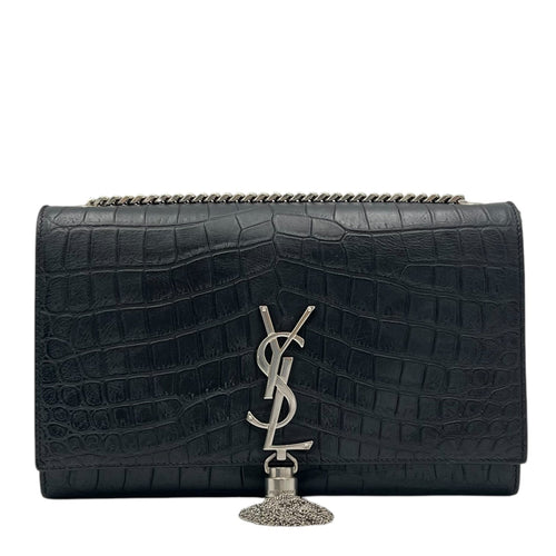 Saint Laurent Kate Crossbody Bag Black in Crocodile Embossed Calfskin, Silver hardware_1