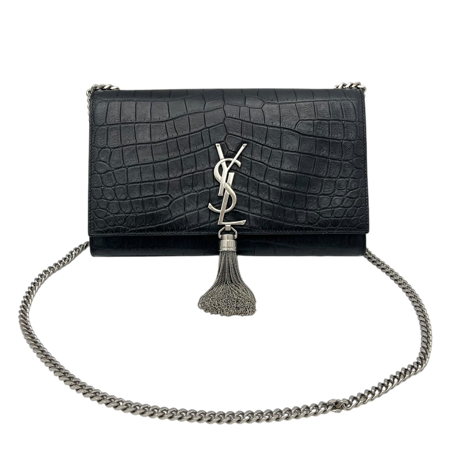 Saint Laurent Kate Crossbody Bag Black in Crocodile Embossed Calfskin, Silver hardware_10