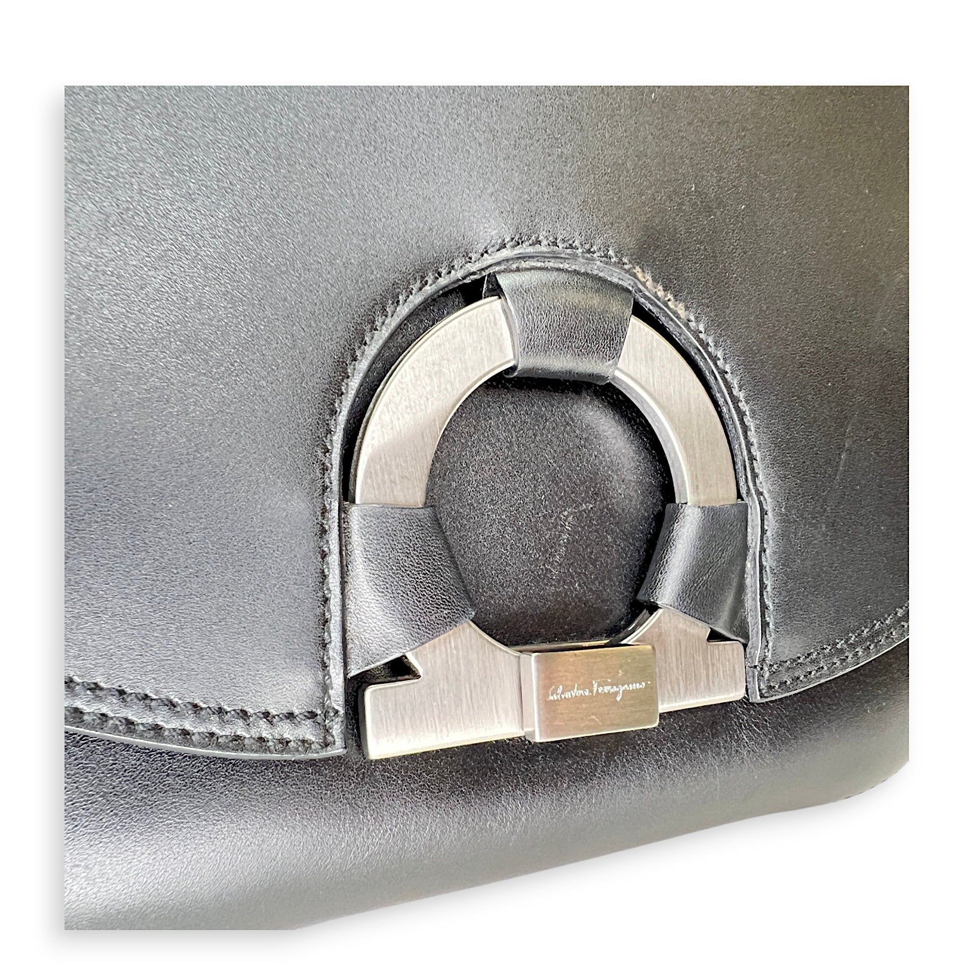 Salvatore Ferragamo  Gancini Flap Top handle bag in Calfskin, Silver Hardware_6
