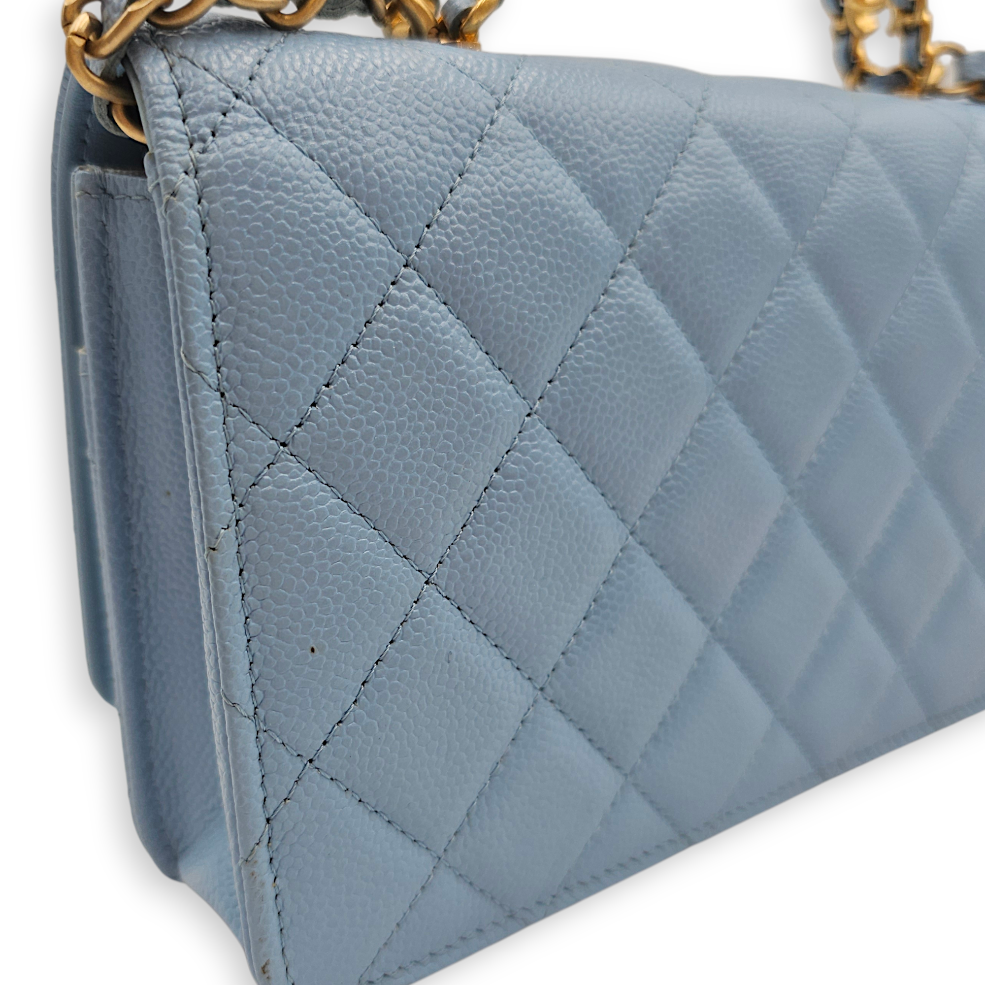 Quilted Top Handle Baby Blue Wallet on Chain in Caviar Leather, Gold hardware