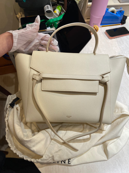 Belt Mini White Top Handle Bag in Calfskin, Gold hardware