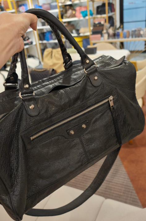 City Boston Black Top Handle Bag in Calfskin, Ruthenium hardware