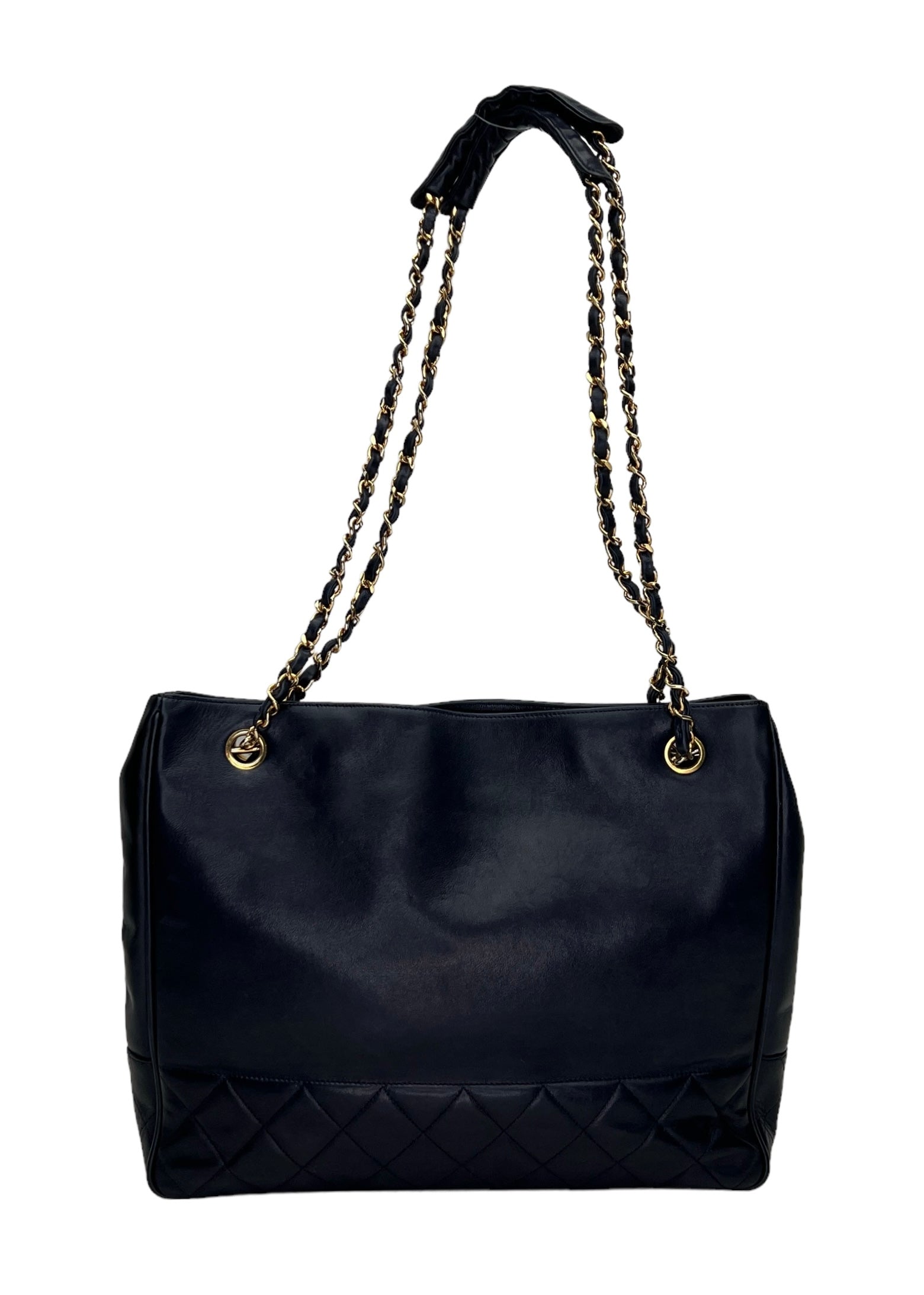 Vintage Quilted Chain Navy Tote Bag in Lambskin, Gold hardware