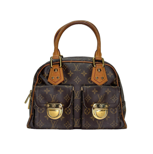 Manhattan PM Brown Top Handle Bag in Monogram Coated Canvas, Gold hardware