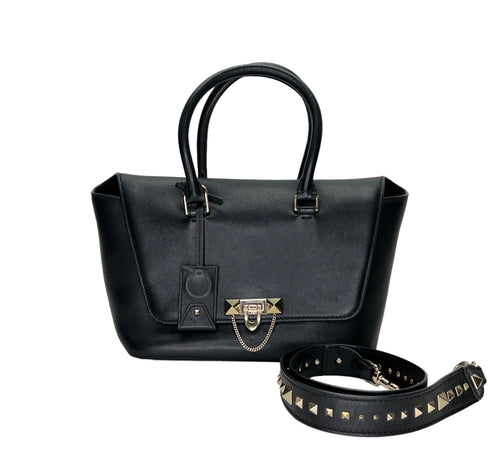 Calfskin Two Way Bag Black Top Handle Bag in Calfskin, Light Gold hardware