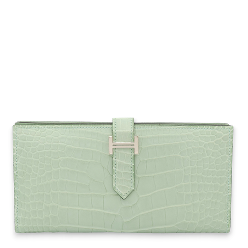 Bearn Bi Fold Vert D'eau Wallet in Matte Alligator, Palladium hardware