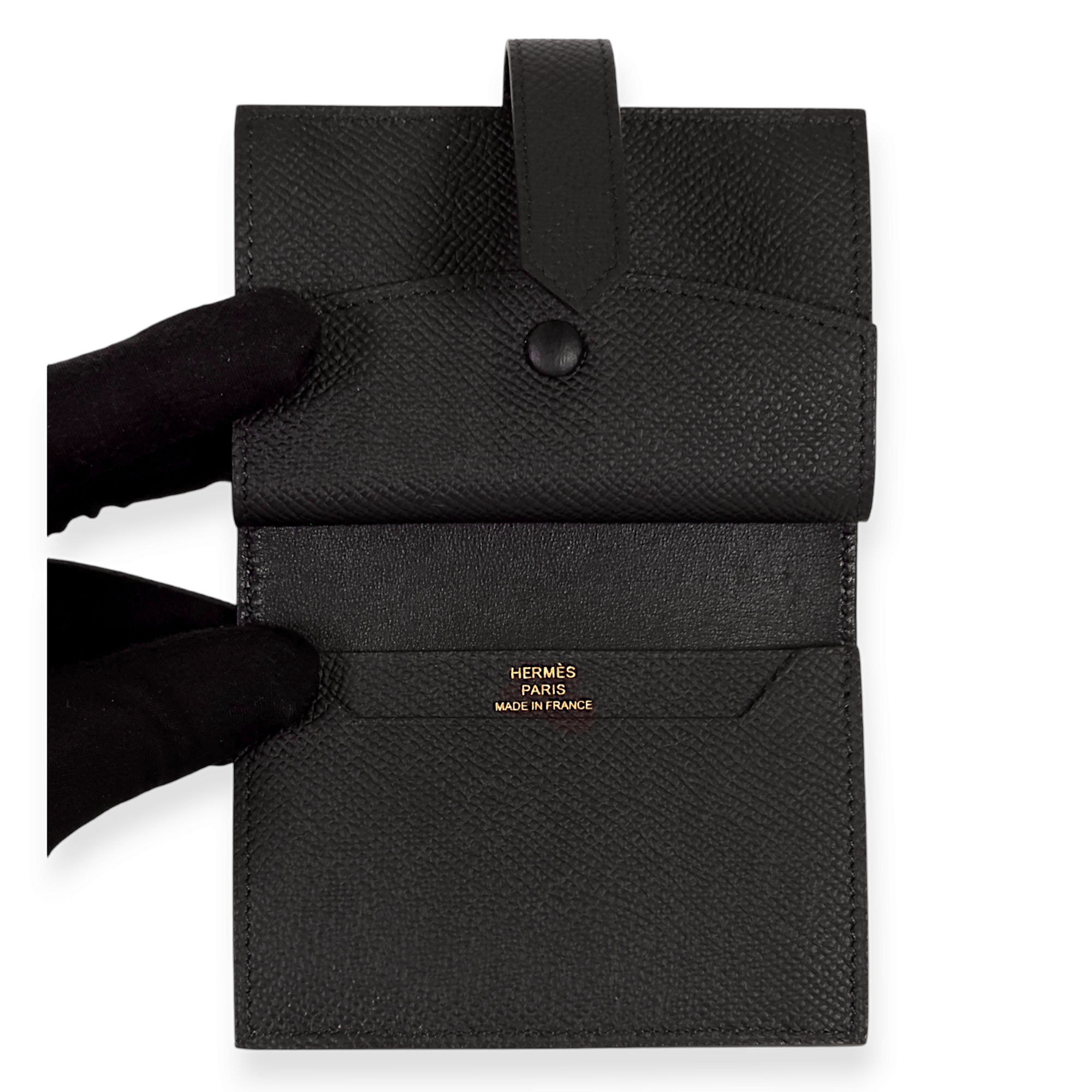 Bearn Mini Black Wallet in Epsom, Gold hardware