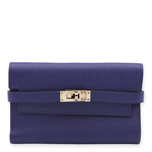 Kelly Depliant Verso Blue Encre & Blue Zellige Wallet in Epsom, Palladium hardware