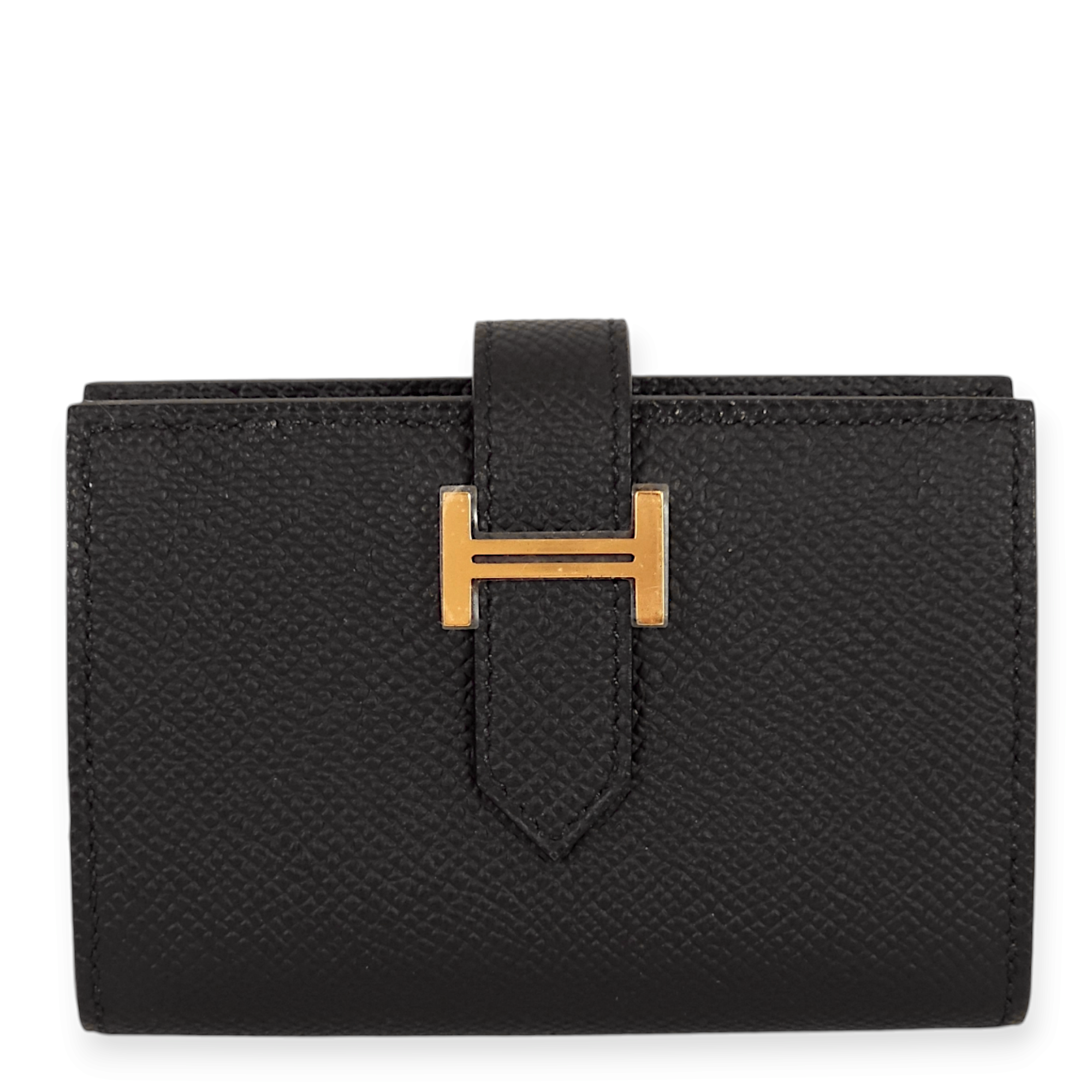 Bearn Mini Black Wallet in Epsom, Gold hardware