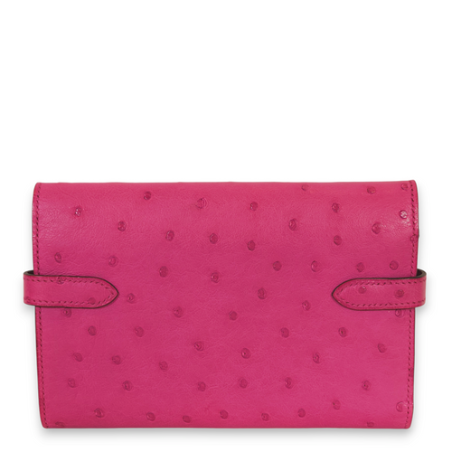 Kelly Depliant Rose Pourpre Wallet in Ostrich, Palladium hardware