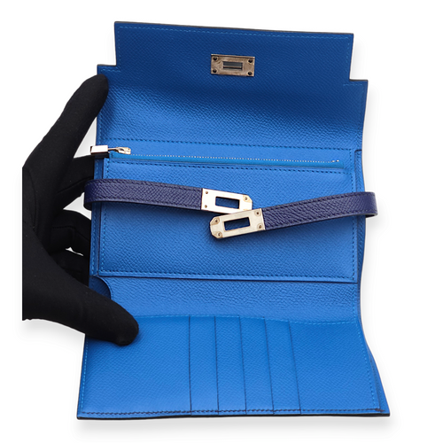 Kelly Depliant Verso Blue Encre & Blue Zellige Wallet in Epsom, Palladium hardware