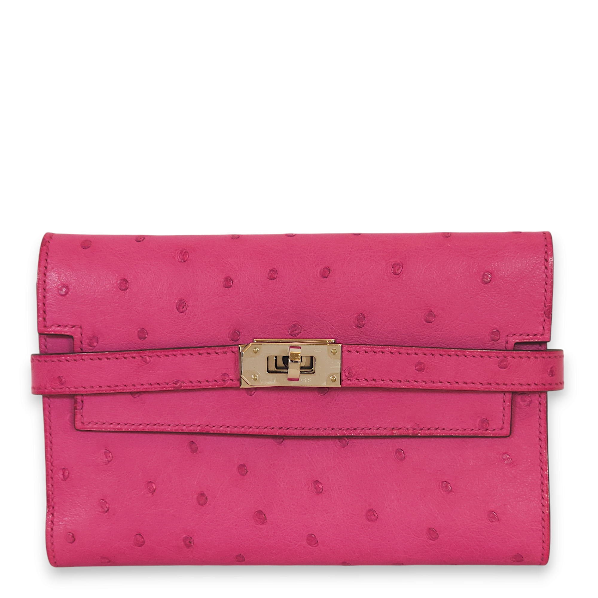 Kelly Depliant Rose Pourpre Wallet in Ostrich, Palladium hardware