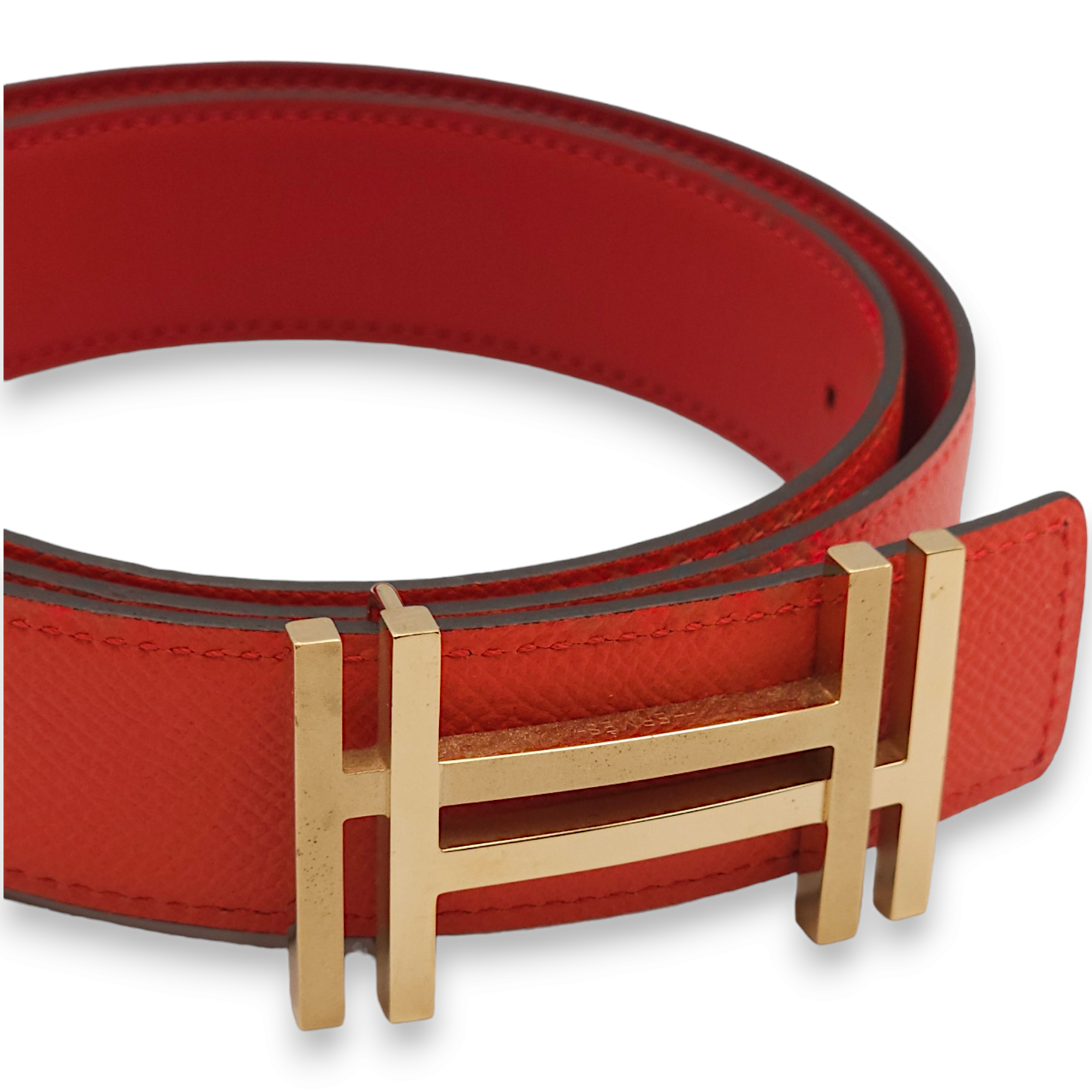 H Au Carre 32mm by 80cm Rouge Casaque/Rose Jaipur Belt in Epsom, Gold hardware