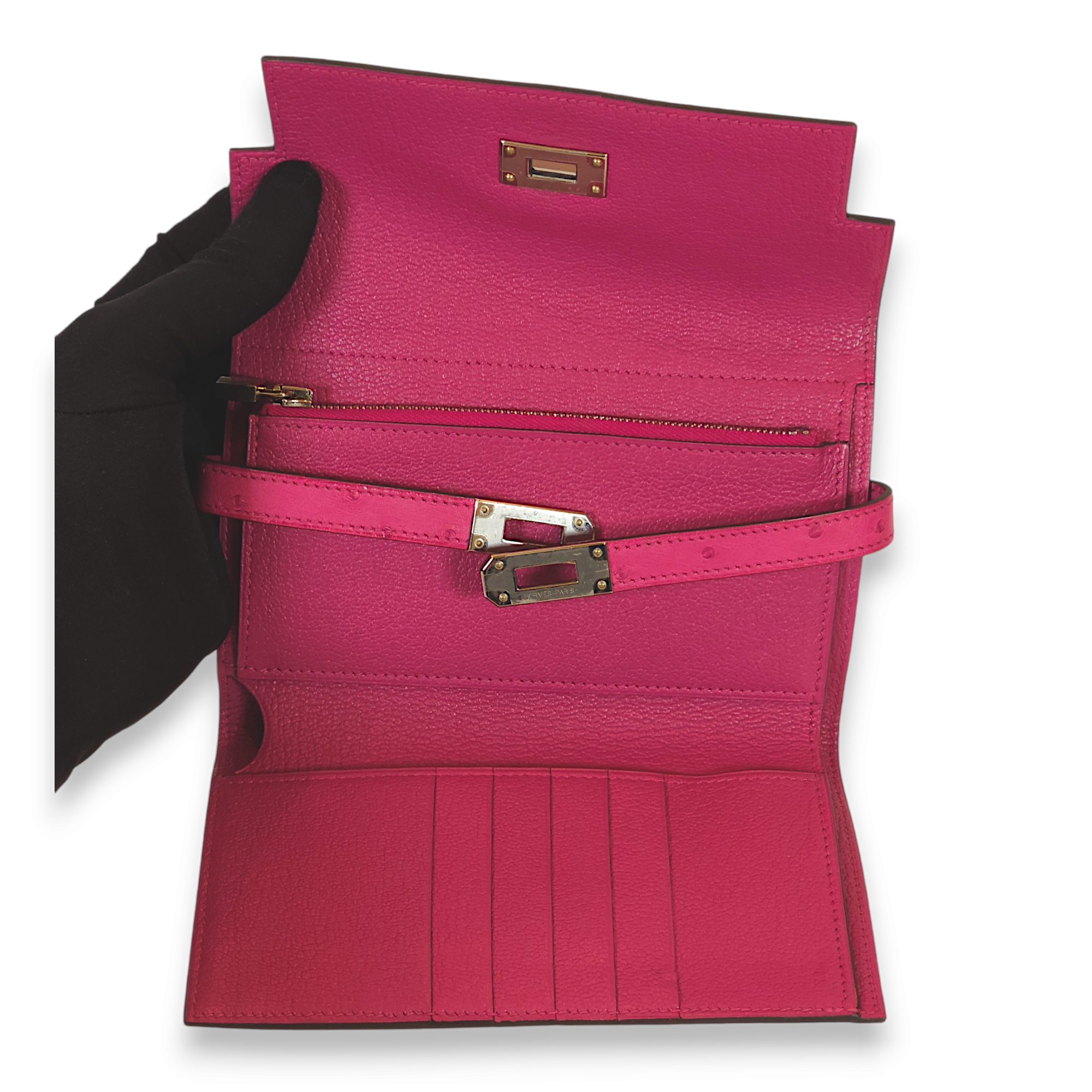 Kelly Depliant Rose Pourpre Wallet in Ostrich, Palladium hardware