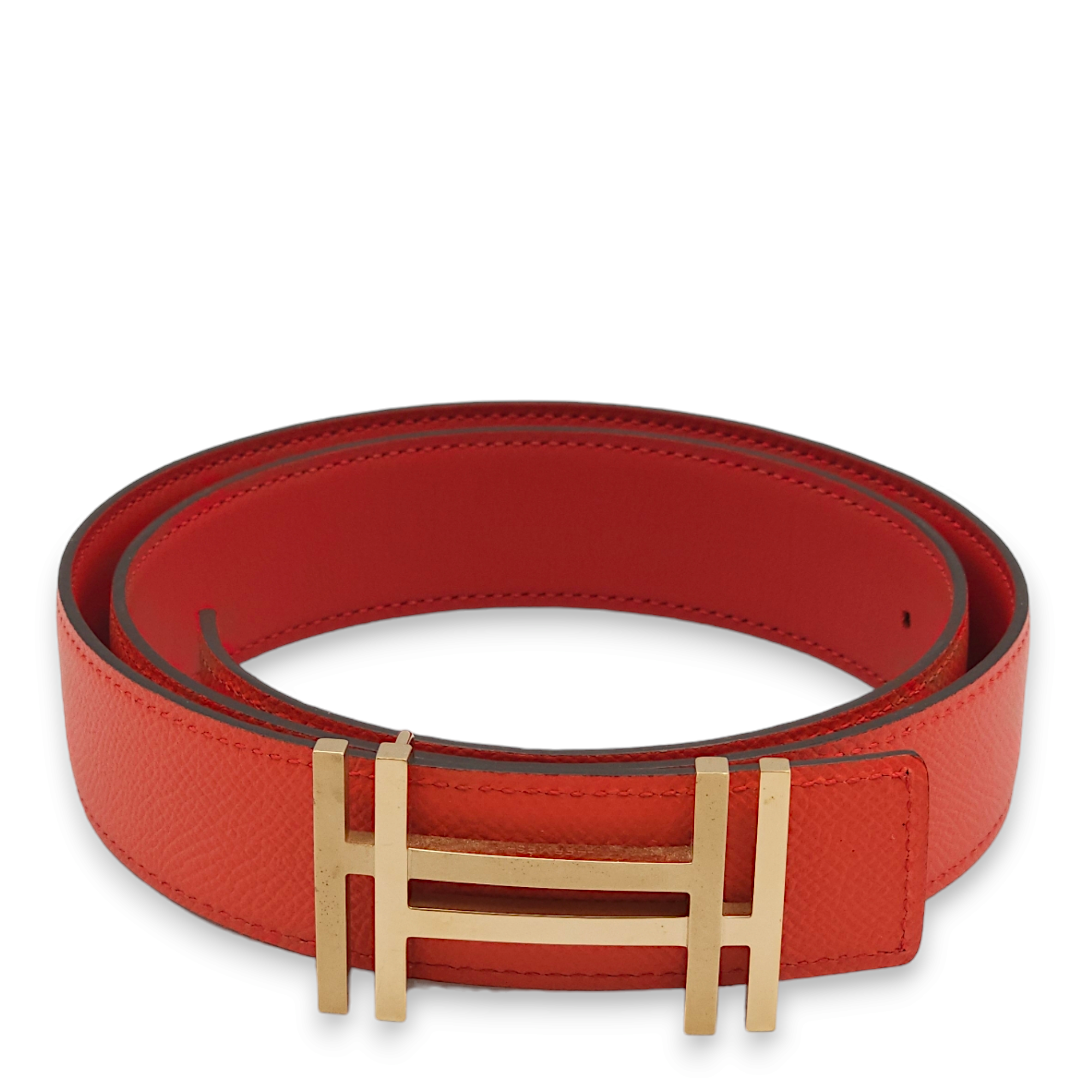 H Au Carre 32mm by 80cm Rouge Casaque/Rose Jaipur Belt in Epsom, Gold hardware