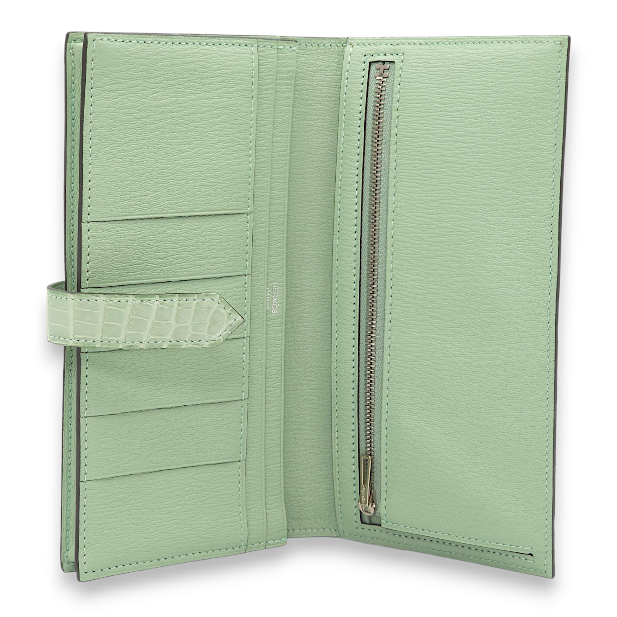 Bearn Bi Fold Vert D'eau Wallet in Matte Alligator, Palladium hardware