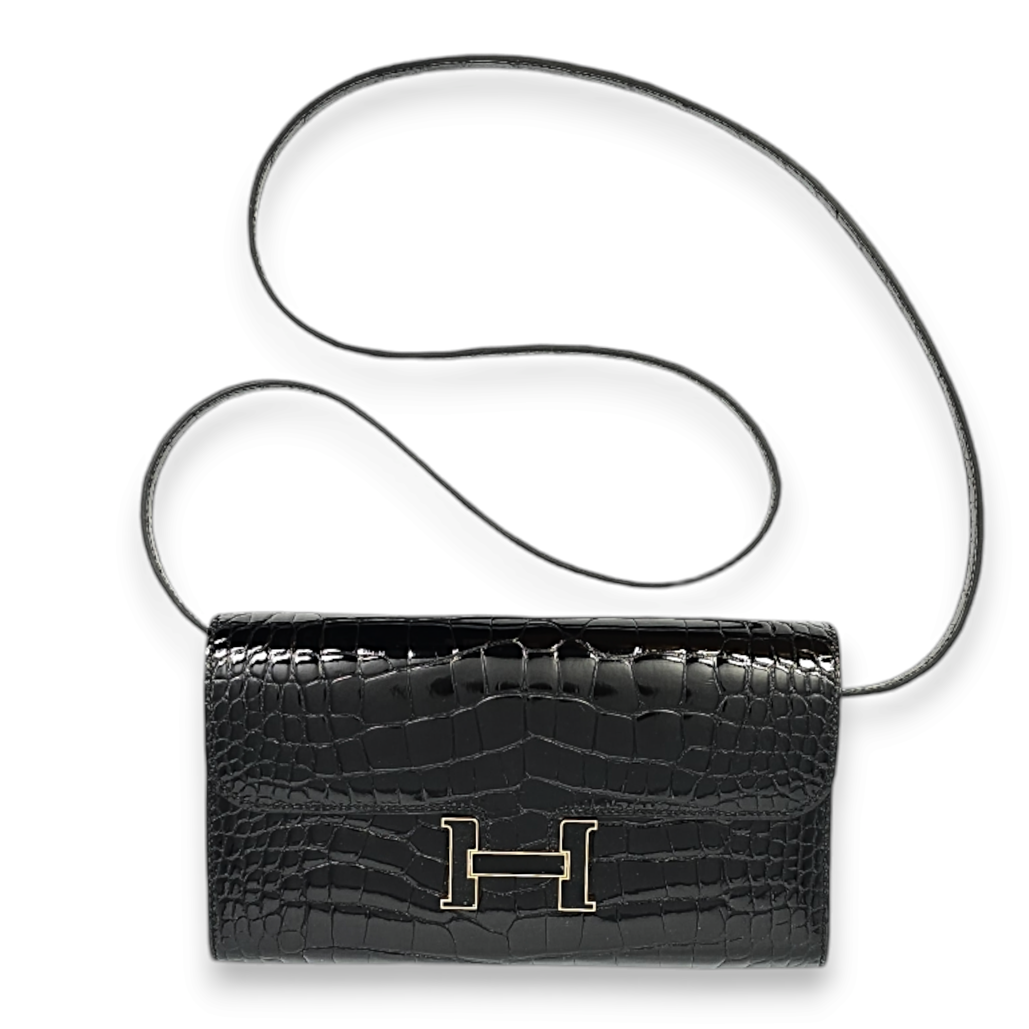 Constance To Go Black Crossbody Bag in Shiny Alligator, Gold hardware