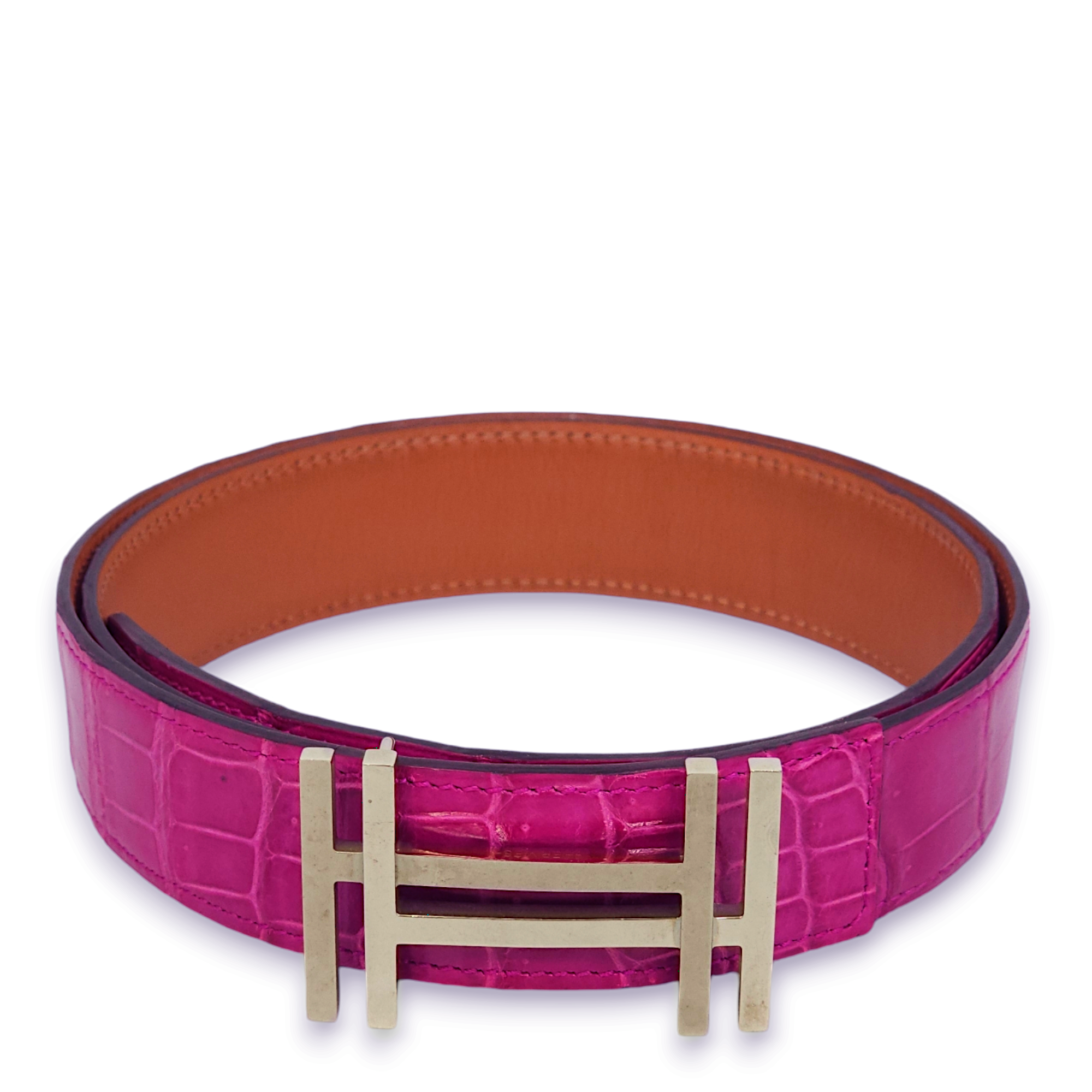 H Au Carre 32mm by 85cm Rose Scheherazade Belt in Shiny Porosus, Palladium hardware