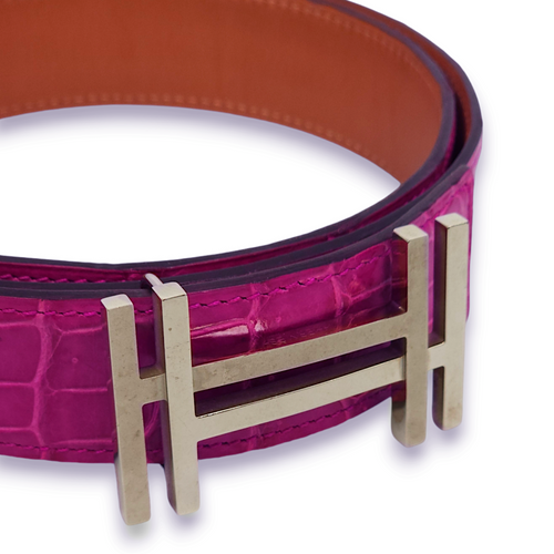 H Au Carre 32mm by 85cm Rose Scheherazade Belt in Shiny Porosus, Palladium hardware