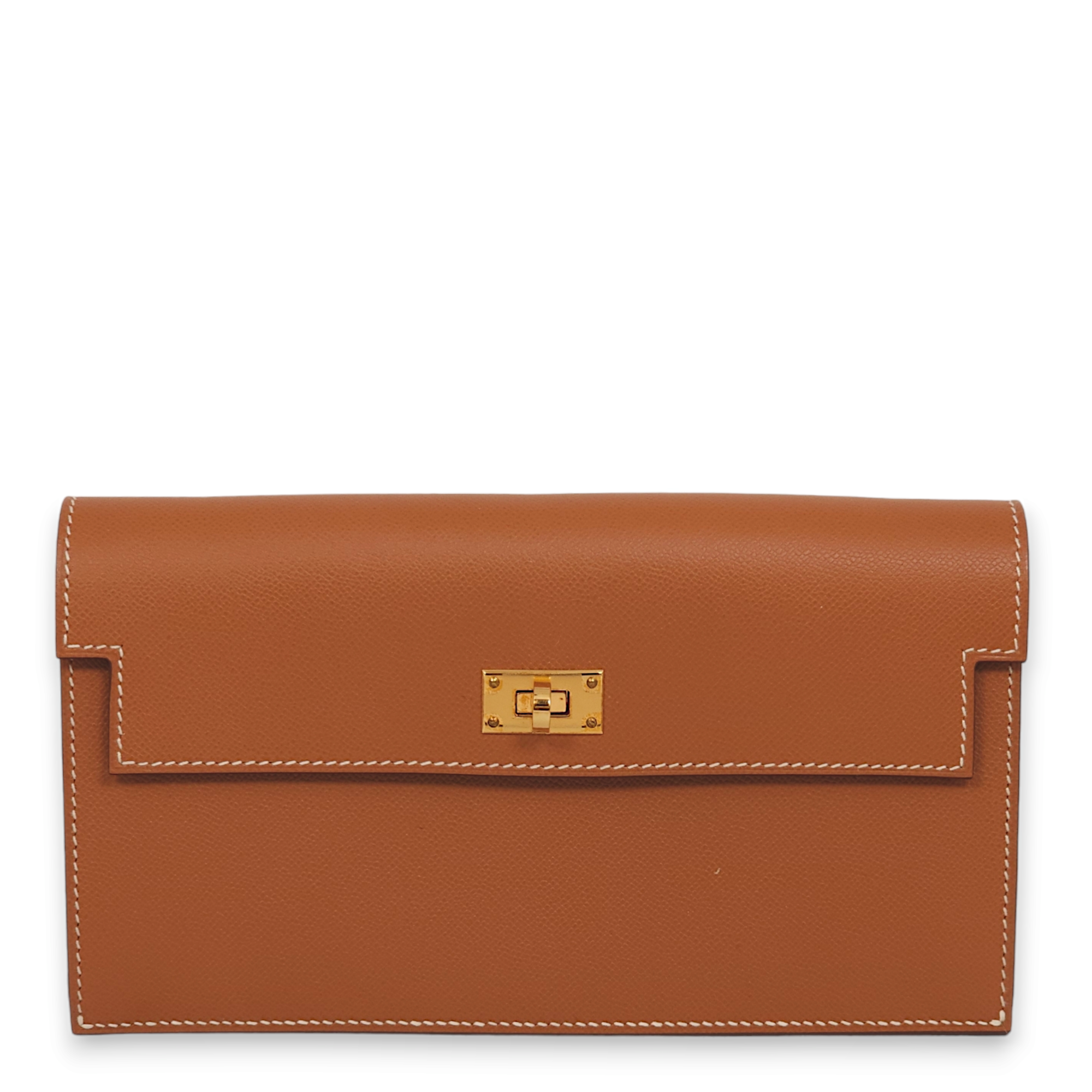 Kelly Pocket Long Gold Wallet in Veau Madame, Gold hardware