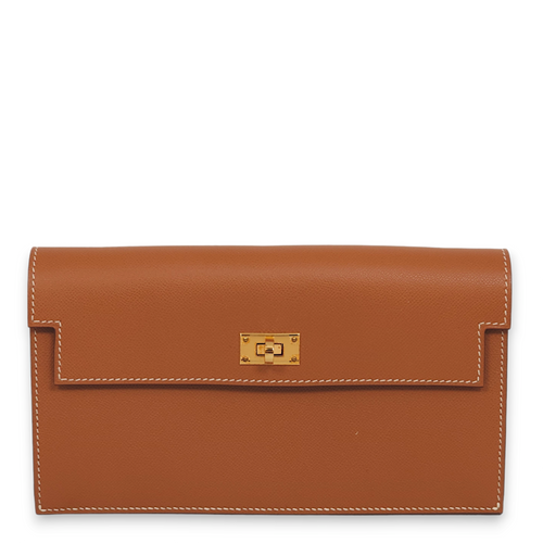 Kelly Pocket Long Gold Wallet in Veau Madame, Gold hardware