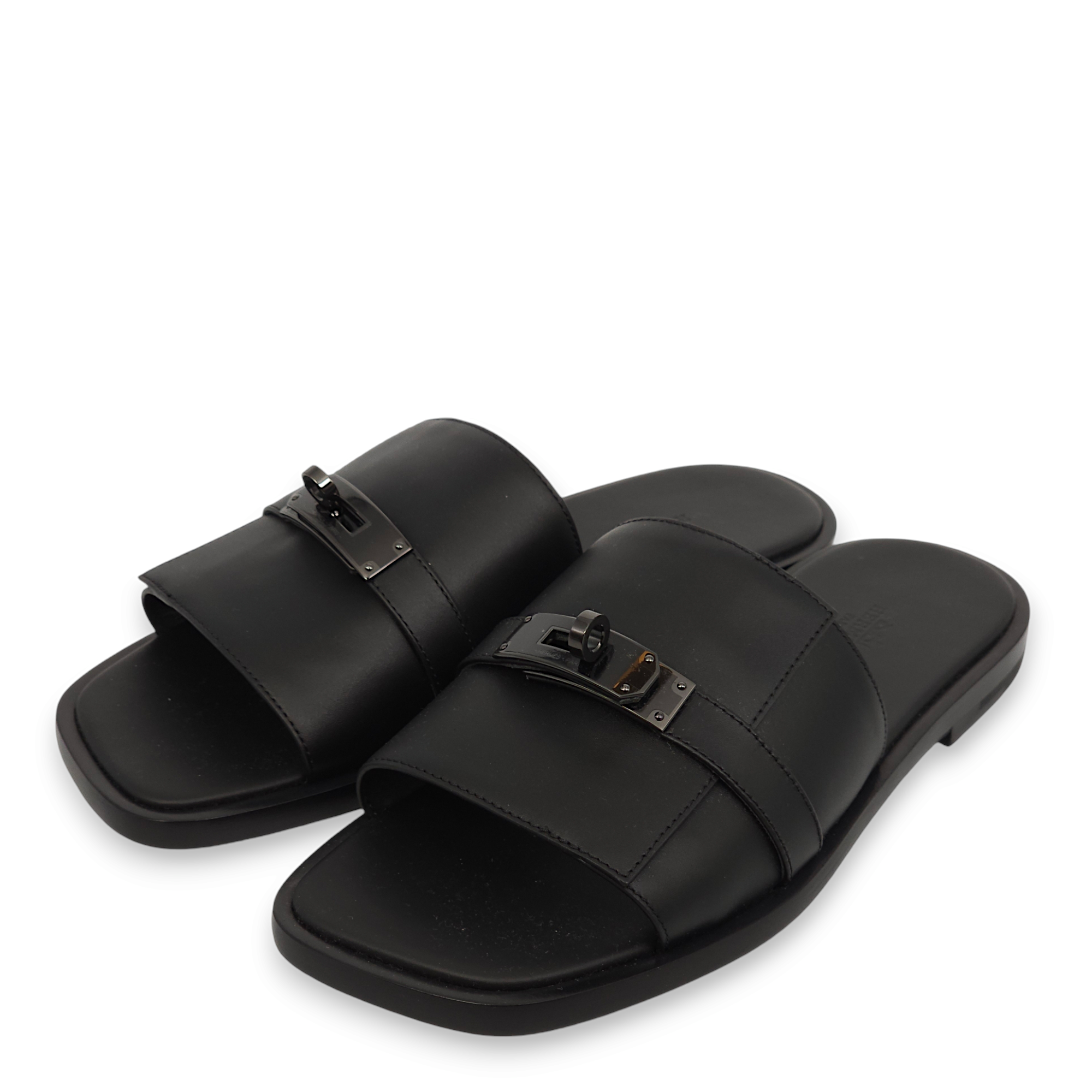 Gabriel s 40 Black Sandals in Calfskin, PVD Plated hardware