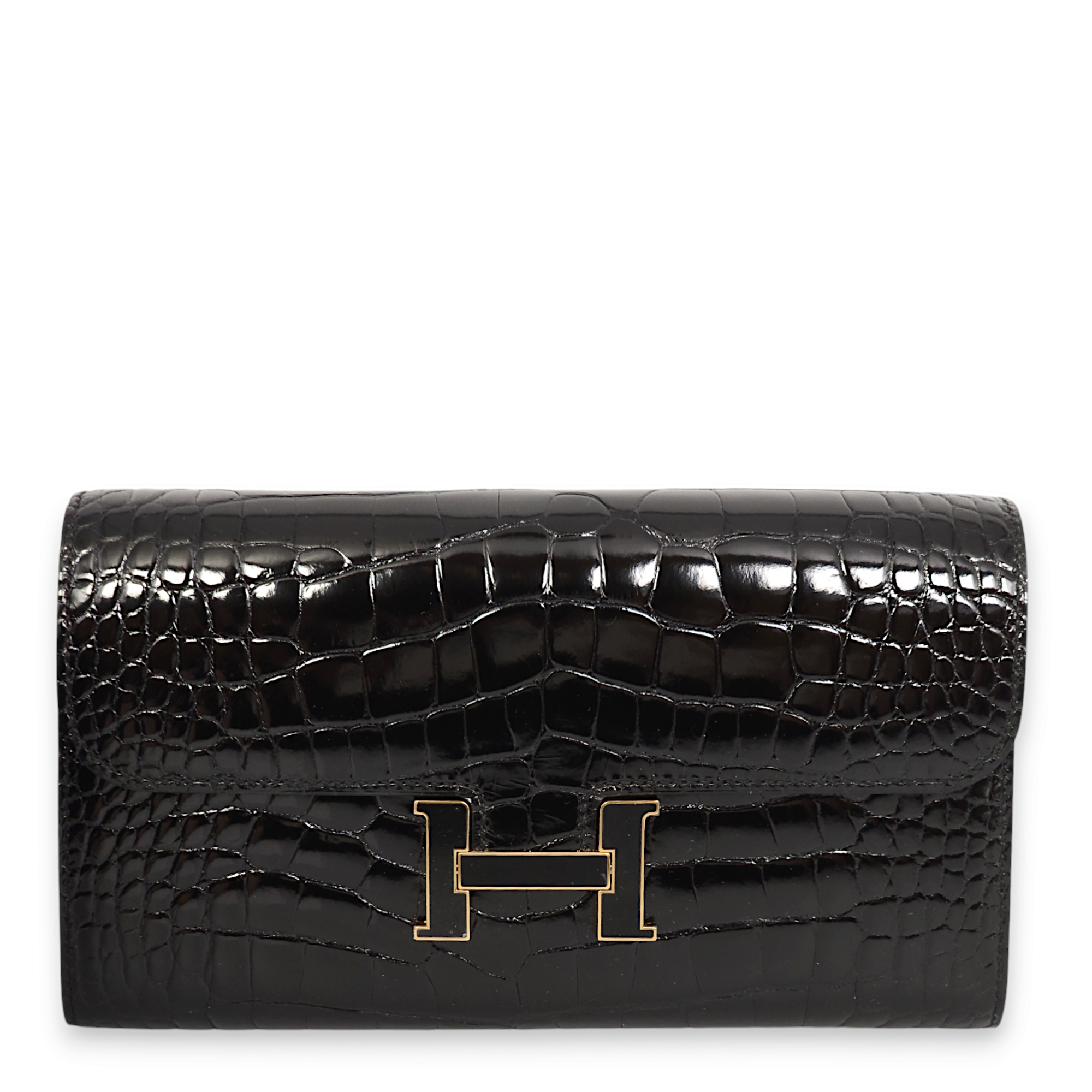 Constance To Go Black Crossbody Bag in Shiny Alligator, Gold hardware