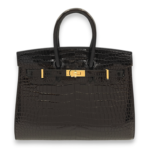 Sellier Birkin 25 Black in Shiny Porosus, Gold hardware