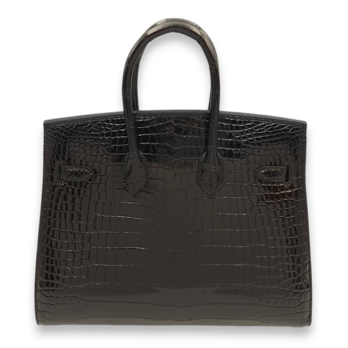 Sellier Birkin 25 Black in Shiny Porosus, Gold hardware